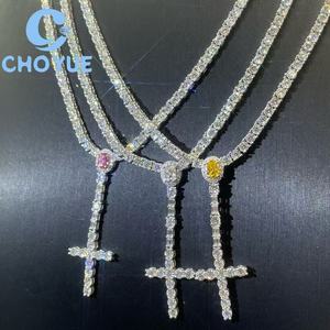 Fashion 925 Sterling <b>Silver</b> 3MM Color Oval Shape Moissanite Tennis Chain Cross Pendant <b>Necklace</b> Hip Hop <b>for</b> <b>Men</b> Women with GRA - Product Image 3