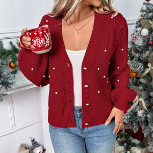 Cárdigan navideño con botones en la parte delantera abierta, suéteres de perlas para mujer, chaquetas de cárdigan recortadas de manga larga abullonada - Product Image 1
