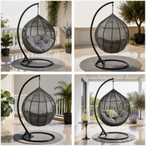 Silla Colgante de Mimbre Personalizada al por Mayor con Soporte y Cojín Grueso, Forma de Gota de Agua, para Interiores y Exteriores - Product Image 2