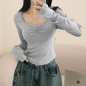 Camiseta de Punto con Cuello en V y Bloques de Color con Diseño de Puntos - Top Básico de Manga Larga, Ajustado, Transpirable y Ecológico - Product Image 3