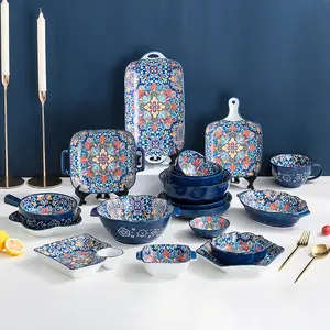 Middle East Bohemia Luxury Exquisite Ceramics Dinner Ware Set Bowl Plate Hand Drawn Tableware Set