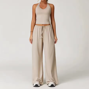 Conjunto de Yoga de 2 Piezas, Top Corto con Cuello en V, Pantalones Largos de Cintura Alta, Transpirables, de Spandex y Poliéster, Color Sólido, Sin Costuras, Elásticos - Product Image 5