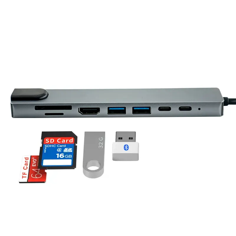 สถานีเชื่อมต่อ Type-C 8 ใน 1 พร้อม USB 3.0 การ์ดเครือข่ายขยายฮับแปลง HDMI สําหรับการติดตั้งจอภาพคู่