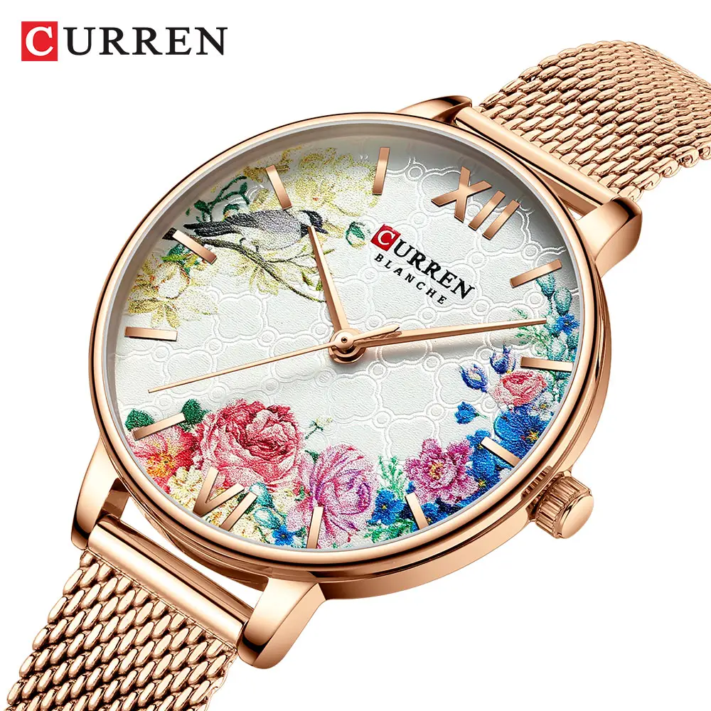 CURREN 9059 Ladies Watch Quartz Fashion Flower Stainless Steel Mesh Watches Simple Leather Luxury Women Casual Wristwatch