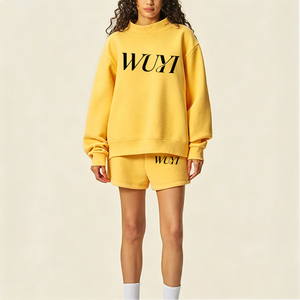 Custom LOGO Women Regular Fit Mockneck Hoodie Pants Sweat <b>Suit</b> Cotton Heavy Weight Crewneck Sweatshirt Shorts Set <b>Button</b> XS - Product Image 1