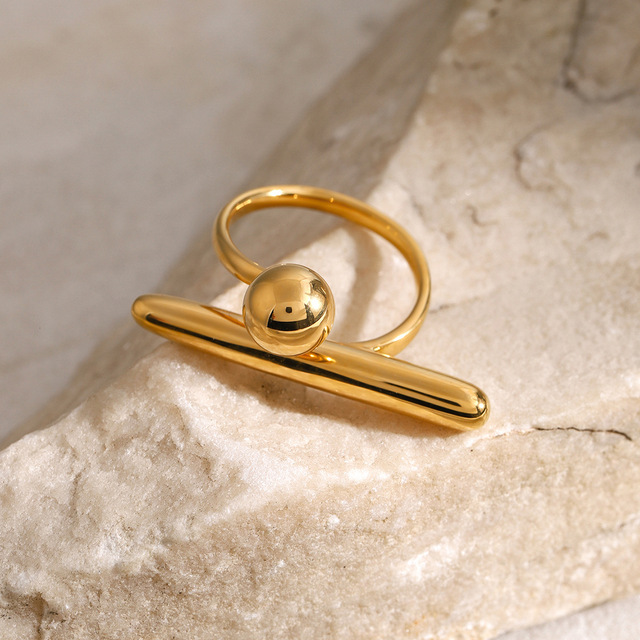 New Trendy 18K Gold Plated Stainless Steel Hypoallergenic Non Tarnish Waterproof Jewelry T Shaped Ball Open Ring