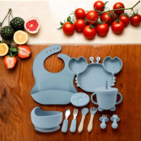 Ensemble de vaisselle pour bébé en silicone : bol, assiette en forme de crabe, bavoir, assiette compartimentée, cuillère, fourchette, tasse