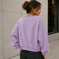 Sweat-shirt ras du cou en molleton mélangé de coton pour femme, coupe courte, délavé, imprimé sérigraphié, style décontracté, vente en gros