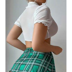Halloween Lingerie wanita seksi kostum Cosplay siswa rok Thong Bra kotak-kotak 3 buah dengan stoking pakaian dalam wanita erotis - Product Image 3