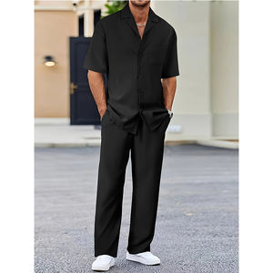 Completo da Uomo Estivo alla Moda, Nuova <span class=keywords><strong>Tendenza</strong></span> Tinta Unita, Camicie e Pantaloni Ampi, Set <span class=keywords><strong>di</strong></span> 2 Pezzi - Product Image 1