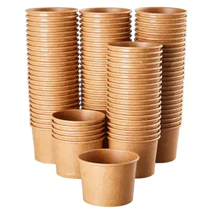 Biodegradable Paper Food Storage Containers PLA Coating Kraft Brown Round to-Go Bucket Container with Clear Plastic Lid