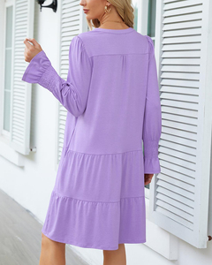 Premium Elegant Ladies V-Neck Long Sleeve <strong>Floaty</strong> Ruffle <strong>Dress</strong> Fashion Summer Collection Knee-Length Travel Beach Solid Sun <strong>Dress</strong> - Product Image 2