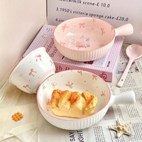 Ensemble de 2 bols à riz et soupe en céramique sous glaçure, style Instagram, avec poignée en forme de nœud, résistants au micro-ondes, vaisselle féminine pour la maison