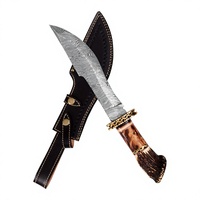 Couteau artisanal en acier Damas avec manche en bois de cerf et étui en cuir, pour usage en camping et en plein air, type Bowie.
