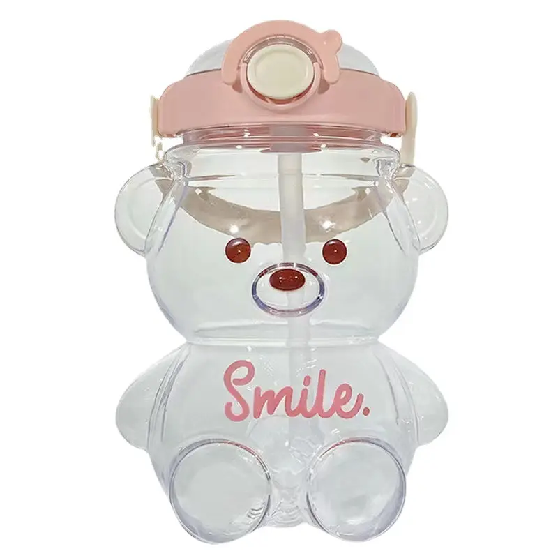 35oz-49oz Korean Bear Water Bottle Cute Kids Women School Outdoor Bottle With Straw Portable Strap