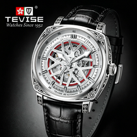 Montre automatique à remontage automatique pour homme TEVISE, boîtier tonneau de luxe, design squelette, bracelet en cuir, montre de sport