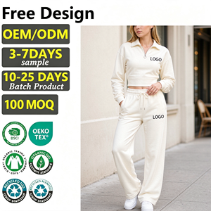Custom 2 Piece Women's Half Zip Collar Long Sleeve Crop <b>Top</b> Wide Leg <b>Trousers</b> Casual Streetwear sport wear <b>Set</b> - Product Image 1