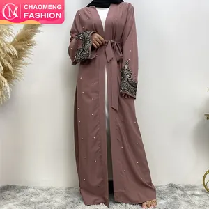 1684 # 높은 추천 공장 도매 긴 소매 골드 아플리케 오픈 abaya 화이트 진주 abayas 기모노 라마단 2 색