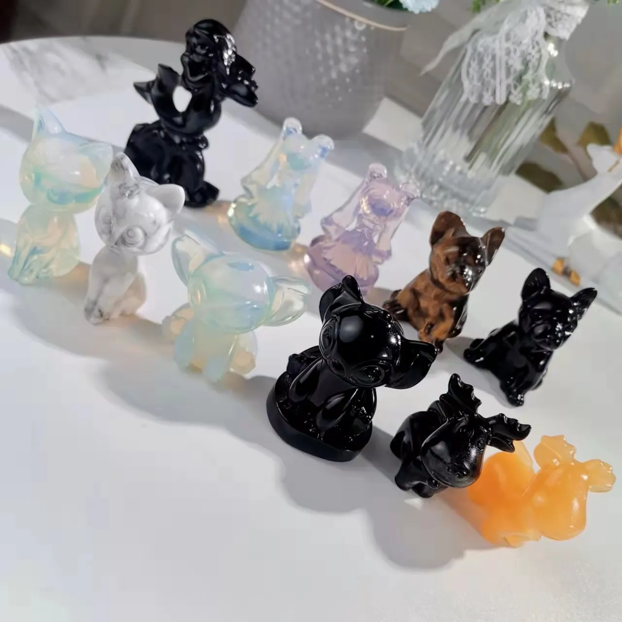 Bulk Wholesale Crystal Craving Stitch Cut French Bulldog Hand Carved Crystal Animal Carvings Craft