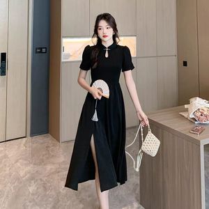 Mới nút xuống Slit ăn mặc phong cách Trung Quốc qipao sườn xám ăn mặc giản dị Ngắn Tay Áo ăn mặc màu đen - Product Image 2