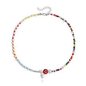 Bohemian colorful Seed Glass Bead Beach Evil Eyes Knitting Necklace For Women GMN019