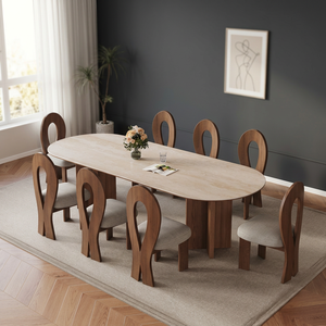 Luxury Modern Oval Wood Dining <b>Table</b> Set Minimalist Upholstered Chairs Made Indonesia Shipped Via Mail for Dining Rooms - Product Image 3