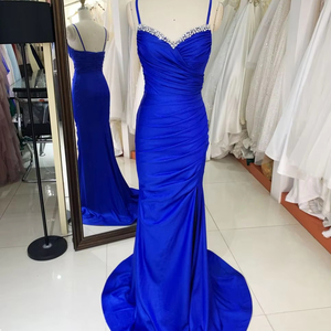 slim fit dress slacks Royal Blue Beaded Lace Prom Dresses with Slit Off the Shoulder Formal –  Viniodress main image 0