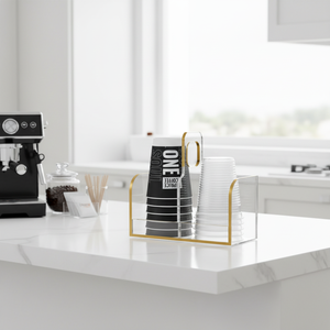 Organizzatore di Lusso in Acrilico per Tazze con Dettagli Dorati, Espositore a 2 Scomparti per Bicchieri Monouso, Stazione Caffè, Piano Cucina - Product Image 5