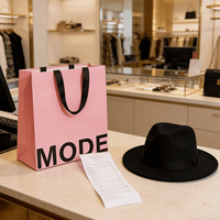 Sac cadeau en papier rose clair avec logo imprimé, poignée en ruban de satin noir, sac fourre-tout minimaliste personnalisé pour l'emballage de vente au détail
