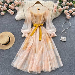 Robe trapèze à manches bulles vintage style super immortel pour femmes robe trapèze imprimée en maille fine pour premier amour - Product Image 3