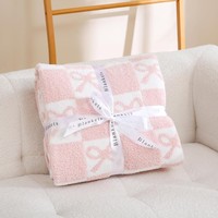Plaid en tricot à carreaux roses avec motif nœud, en microfibre douce, moelleuse et confortable pour lit, canapé et décoration intérieure
