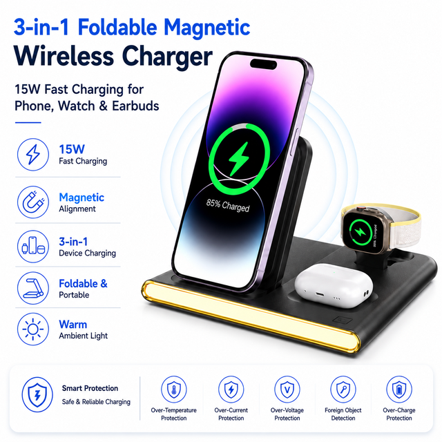HYTO In Stock Portable 3 4 in 1 Foldable Magnetic Wireless Charging Station 15W Fast Charger Stand with Warm Ambient Light