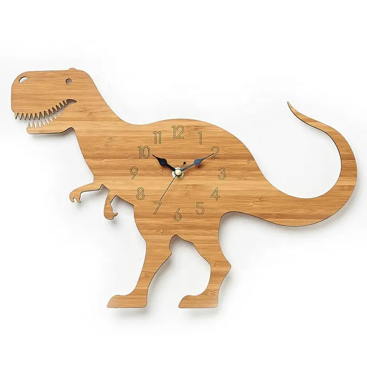 OEM fabrika ev dekor özel ahşap duvar saati bambu dinozor saatler 12 inç ahşap dekoratif saat