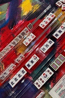 Jeu de tuiles de Mahjong américain classique rouge Crosswinds avec tapis à motif deux moineaux, 4 joueurs, 160 pièces, portable, pour divertissement de casino et de jeu