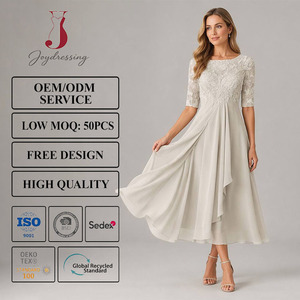 Joydressing Elegante Abito Grigio per la Madre della Sposa, in Pizzo con Mezza Manica, in Chiffon, Lunghezza Midi, per Ospiti di Matrimonio e Feste, Vendita all'Ingrosso e Personalizzazione - Product Image 1