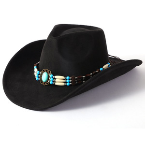 Sombrero Vaquero Vintage de Gamuza con Cinturón Turquesa, Banda Étnica con Cuentas, Ala Ancha, Sombrero Occidental para Fiestas, Viajes y Actividades al Aire Libre - Product Image 2