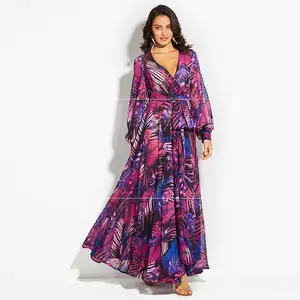 Gaun Maxi Boho tunik sabuk leher V seksi ukuran besar gaun sifon pantai musim panas panjang motif bunga