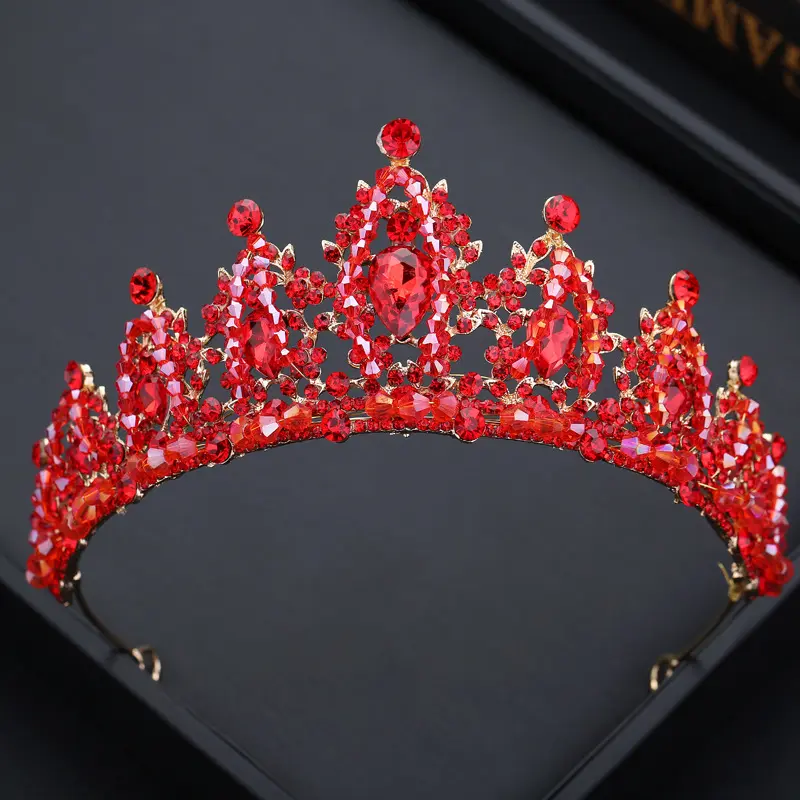 Baroque Crystal Wedding Rhinestone Crown Exquisite Red Bridal Tiara Hair Headband Accessory