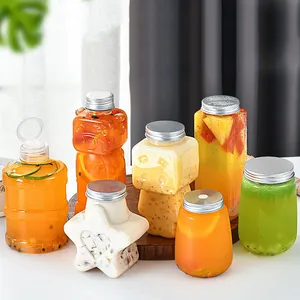 8oz 10oz 16oz Plastic Juice Bottle Custom Clear Empty star Drink Jar PET/PP Square Round Container for Drink Milk with Cap