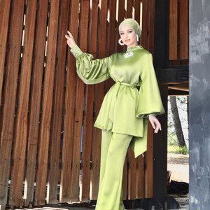 Silk Satin Muslim <b>Women</b> <b>Abaya</b> Set Two Piece Blouse and Pant Solid Color Modest Dress Outfit Spring - Product Image 2
