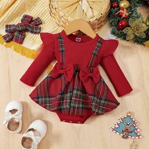 0-18米圣诞女婴罗柏婴儿针织褶边长袖蝴蝶结连身衣格子印花圣诞服装