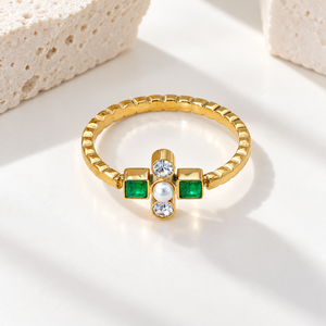 Gold Geometric Cross <b>Ring</b> <b>Stainless</b> <b>Steel</b> Zircon Jewelry with Green Square Stones and 14K Gold Vacuum Plating - Product Image 1