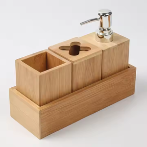Juego de decoración de accesorios de baño de 4 piezas de madera de bambú con dispensador de loción de jabón soporte para cepillo de dientes bandeja organizadora de almacenamiento - Product Image 4