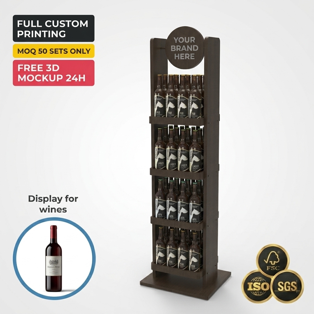 Custom Wine Display Racks 4-Tier Wood Liquor Merchandiser Knock Down Round Header Display Stand for Liquor Store & Supermarket — view 1