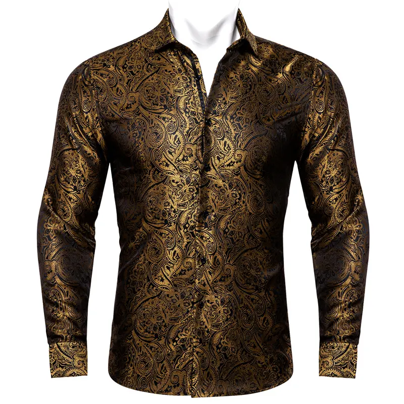 4XL Luxury Gold Paisley Silk Shirts Men Long Sleeve Casual Flower Shirts For Men Designer Fit Dress Shirt CY-0061
