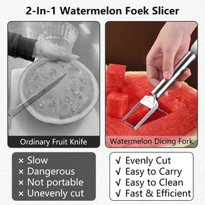 2-in-1 thép không gỉ trái cây cắt dưa hấu ngã ba <span class=keywords><strong>Slicer</strong></span> công cụ dưa hấu <span class=keywords><strong>Slicer</strong></span> và Ngã Ba Đầu Kép dao với Vòng xử lý - Product Image 4
