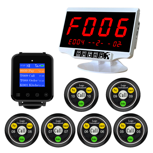 Artom Wireless Table Button Call Bell System With Waterproof Watch Receiver Set in Different Language and Customized Free logo