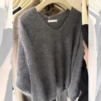 Pull en cachemire gris 100 % col en V pour femme, tricoté décontracté, anti-boulochage, idéal pour l'hiver – Vente en gros