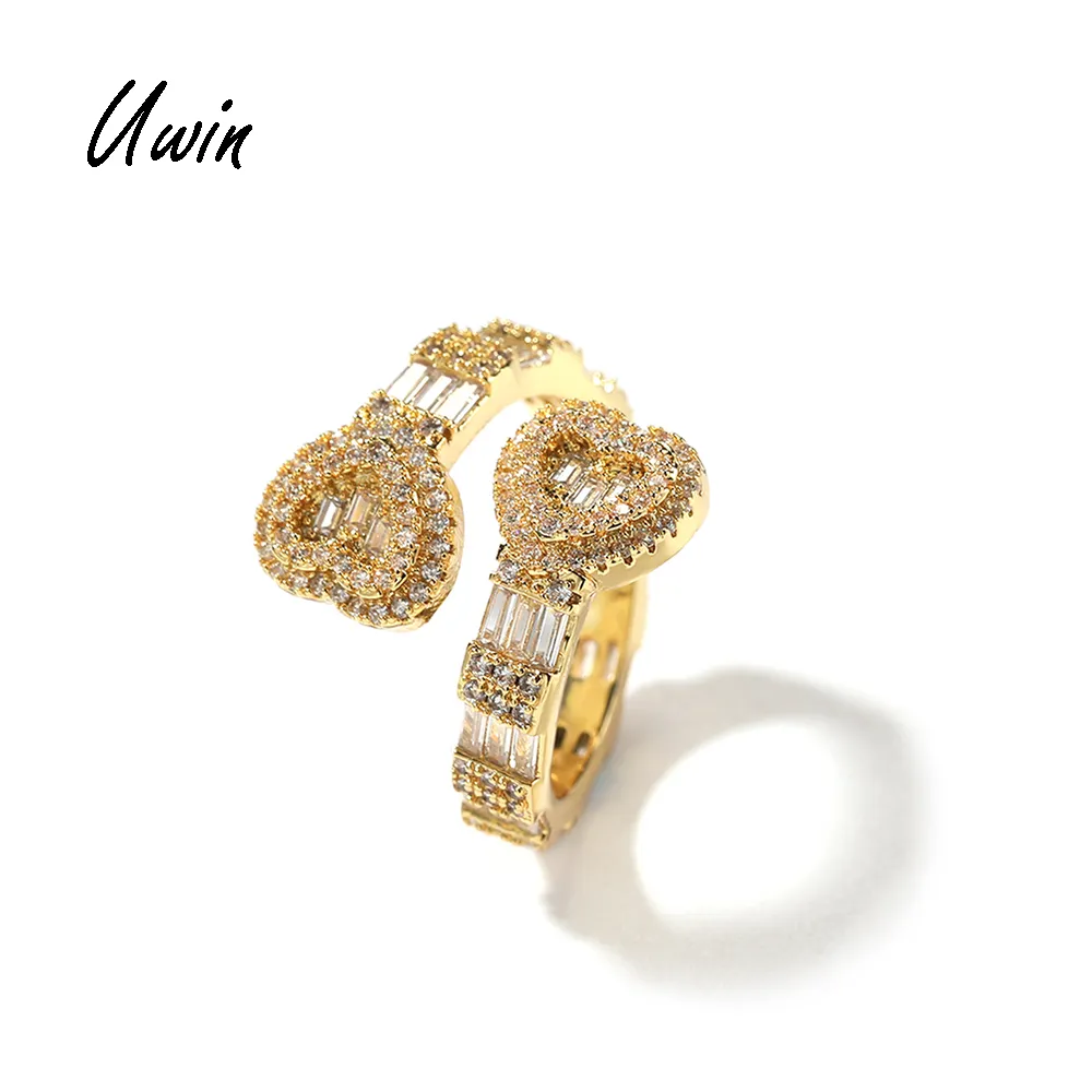 UWIN Full Iced Out Heart Shape Exquisite Opening Rings 18K Gold Plated Rose Gold Hiphop Rapper Jewelry