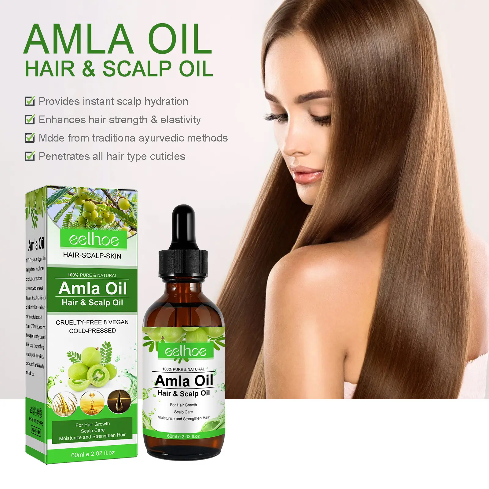 Private Label EELHOE Pure Vegan Amla Oil Hair & Scalp Oil Serum Revitalizing Scalp Enhance Elastivity Reduce Split End For Dry